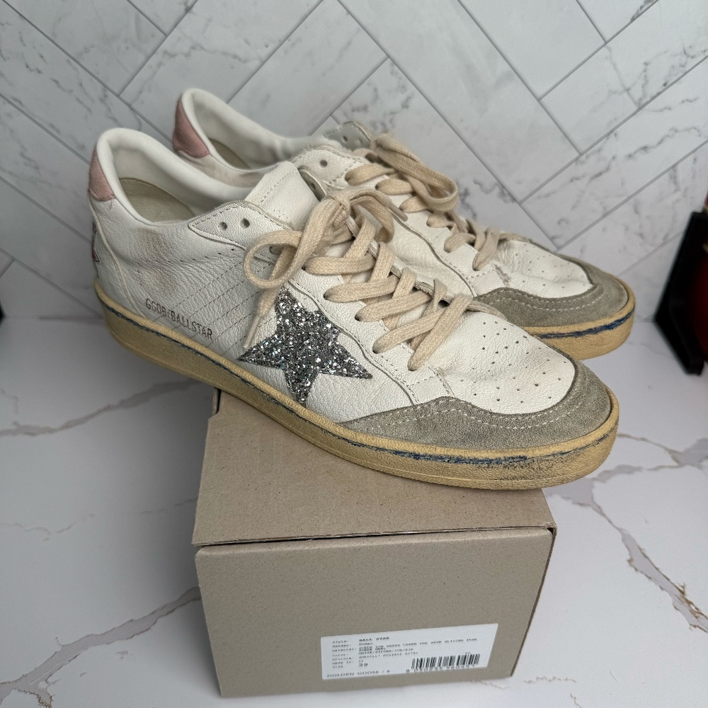 Golden Goose Ball Star LTD with glitter star and pink suede heel tab